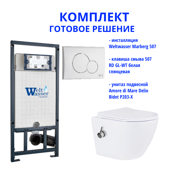 Комплект инсталляции Weltwasser Marberg 507 с кнопкой 507 RD GL-WT и подвесным унитазом Amore di Mare Delio Bidet P203-X